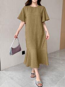 DAZY Solid Color Round Neck Ruffle Hem Mid-Length Dress For Women Sundress Summer - Green - View 5