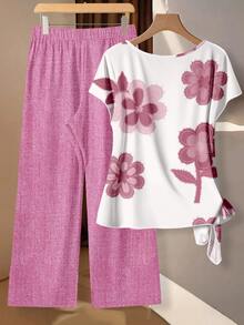 SHEIN Clasi 休闲复古优雅通勤百搭暖粉色花卉印花图案，沙滩/度假装，夏季外出女式衬衫配蝴蝶结和宽松直筒裤两件套 - 彩色 - 查看 2