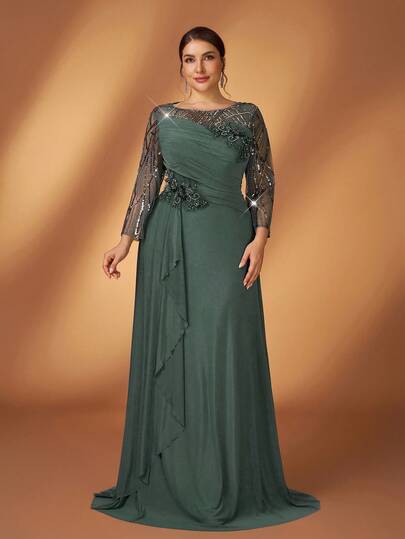 Serin 大码优雅奢华刺绣串珠网纱透视袖拼接弹力针织贴花连衣裙，适合婚礼、派对、度假、新娘、新娘母亲晚礼服