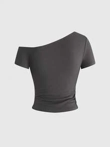 ROMWE Grunge Punk Punk Metal Rivet Cross Print Tight Shoulder T-Shirt - Grey - View 2