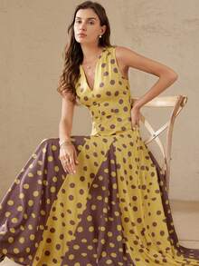 Aveloria Rosie 优雅的法式复古波点深V领无袖收腰撞色下摆连衣裙，适合约会和度假穿着。 - 彩色 - 查看 2