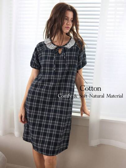 Ocili Áo ngủ nữ bằng cotton kẻ caro thêu ren, thanh lịch và thoải mái.