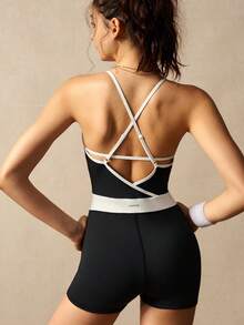 VARSIVA Women's Deep V Color Block Cutout Crossover Design Suspender Straps With Built-In Bra Pads Yoga Pilates Gym Jumpsuit. - Black and White - View 8