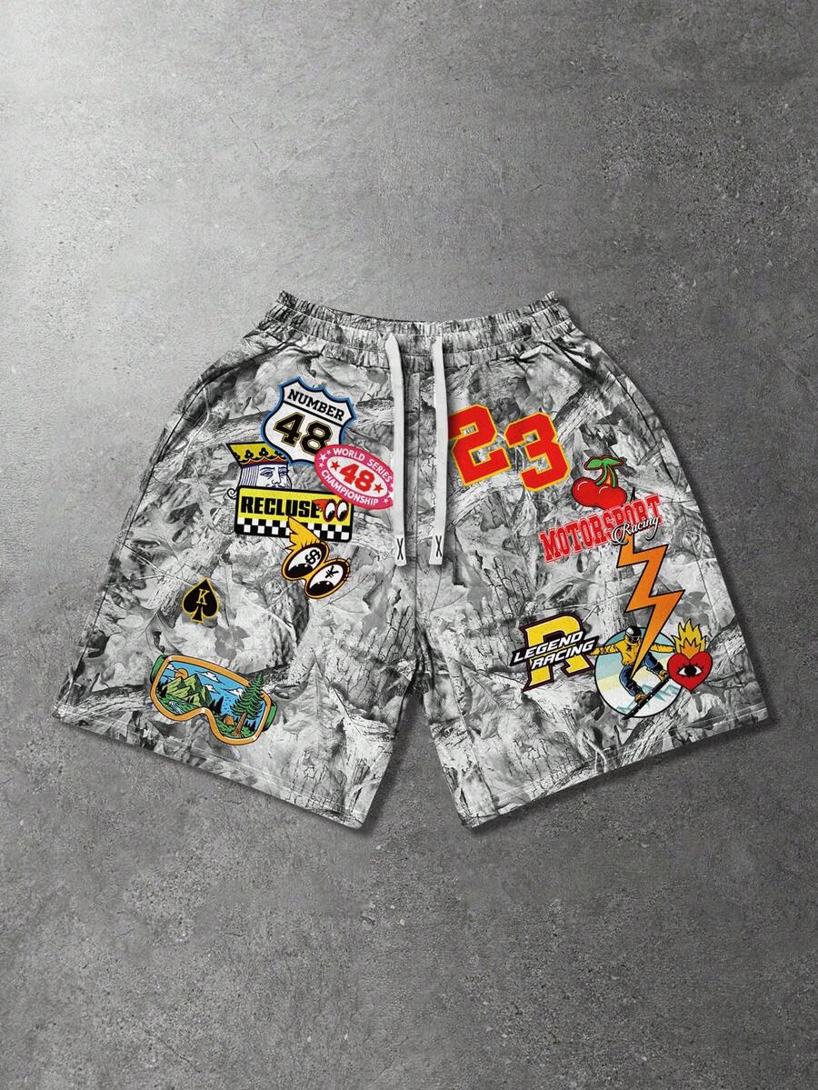 ROMWE MEN Street Life Celana Pendek Kasual Pria dengan Motif Grafis Street, Cocok untuk Musim Semi dan Musim Panas - MultiWarna - View 1