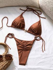 Swim Chiccia Elegant Shiny Brown Halter Triangle Bikini Set, Starfish Decor Rope Tie Side Vacation 2 Pieces Swimwear - Brown - View 6
