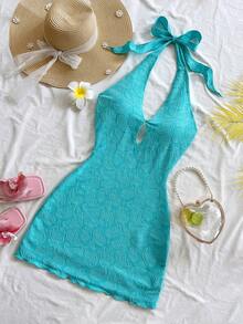 Soleia 女士休闲度假、海滩婚礼宾客、毕业典礼、早午餐、圣帕特里克节、春假、复活节、音乐节等场合的优雅波西米亚热带风情露背紧身迷你连衣裙，适合秋冬季穿着。 - 水鴨藍 - 查看 7