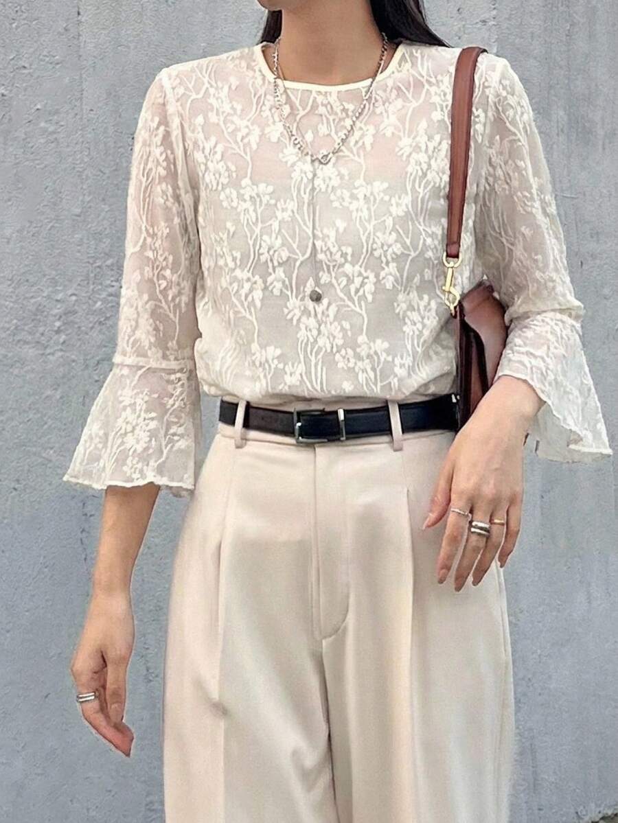 FRIFUL Women's Round Neck Lace Fabric Fitted Flare Sleeve Solid Color Casual T-Shirt Summer - Beige - View 1