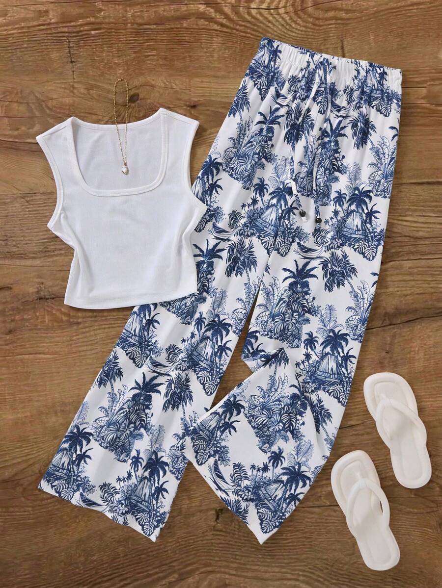 GlowEve Pantalones rectos de cintura alta con cordón, estampado de plantas, informales y cómodos para vacaciones - Azul y blanco - Ver 1