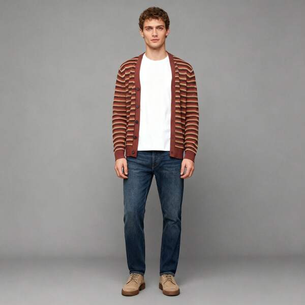 Cárdigan Suéter Hombre Rayas  Vintage Retro Elegante Casual Para salidas diario con diseño rayado es de viscosa suave, cómodo, fiesta, cotidiano cuello V