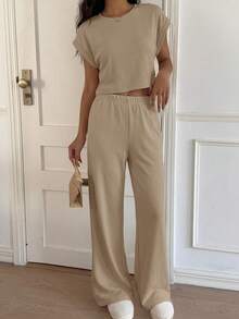 SHEIN EZwear Conjunto de punto informal de color caqui para mujer, primavera/verano - Caqui - Ver 4