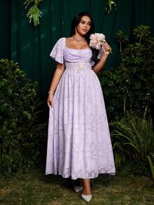 Roveilla Đầm dự tiệc mùa hè dáng xòe, cổ vuông, tay bồng, chất liệu chiffon jacquard, chất liệu thanh lịch, kiểu vintage, dễ thương, phối chân váy xòe. - Màu tím - Xem 7