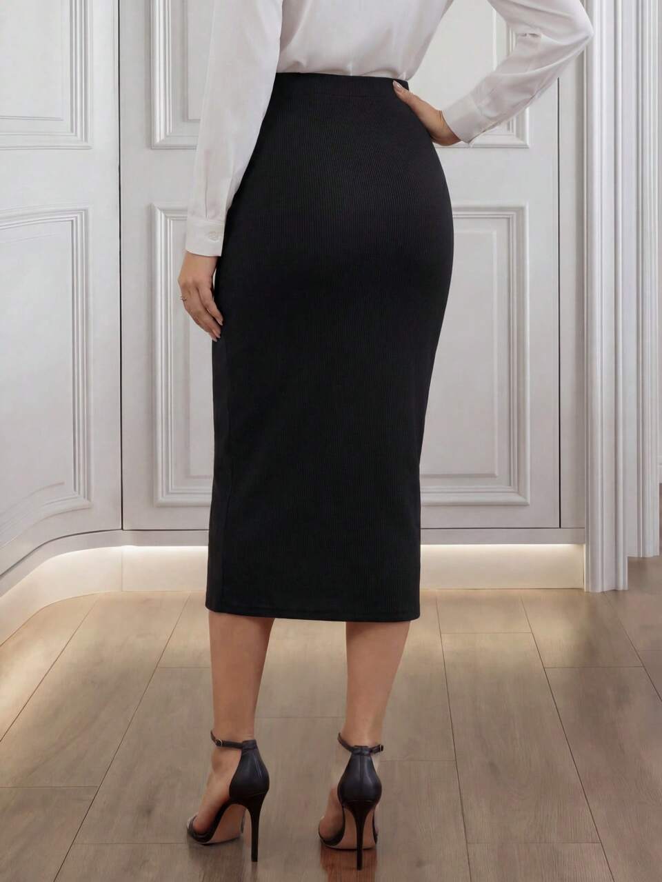 Women High Waist Ribbed Knit Skirt,Elegant Black Winter Long Skinny Skirts For Work Office,Ladies Viscose Business Casual Professional Teacher Clothes