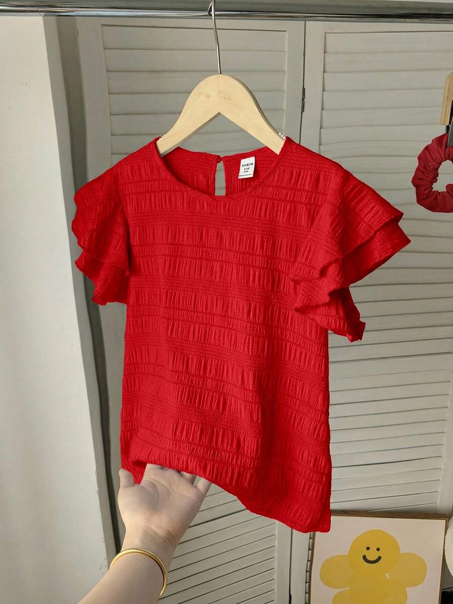 SHEIN LMoss Kids 青少年女孩紅色夏季優雅派對紋理編織圓領抓皺荷葉邊飾飛袖修身休閒上衣,度假風,開學季襯衫 - 紅色 - 查看 1