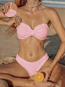 Swim Mod Women's Elegant Pink Two Pieces Bikini Set,Textured Floral Ruffled Halter Bandeau Top & High-Cut Bottoms,Summer Beach Party Holiday Beachwear,Holiday - Pink - View 3