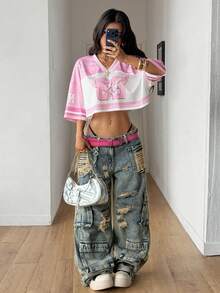 Coolane Women's Summer Streetwear Sport Crop Jersey Number Graphics Loose Breathable Mesh T-Shirt - Multicolor - View 4