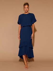 COSMINA Women's Elegant Ruffle Hem Long Sleeve Round Neck Dress, Suitable For Dates, Parties, All Seasons - Navy Blue - View 3