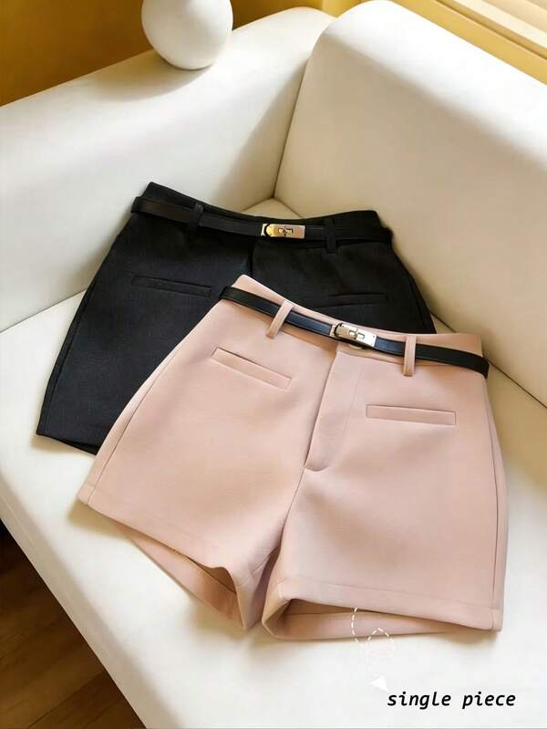 SHEIN Franclia Women's French-Style Minimalist And Fashionable Woven Heather Gray Textured Woolen Shorts, Thickened, High-Waisted, Slimming, Suitable For Both Commuting And Casual Wear, Elegant Women's Shorts, Summer Women's Shorts, Summer Outfits, Beach Outfits, Beach Shorts, Outdoor Shorts, Women's Vacation Outfits, Vacation Shorts, Women's Casual Shorts, New Summer Women's Shorts.