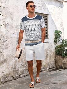 VENTUSAIL 春季新款男士户外休闲运动套装，短袖上衣和短裤两件套。面料柔软舒适，可机洗。适合健身、户外活动和日常休闲穿着。是送给男士的绝佳生日礼物。 - 米色 - 查看 3