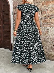 Breezaya Plus Size Women's Summer Romantic Floral V-Neck Dress, Elastic Waist Ruffle Hem Maxi Dress, Suitable For Beach Vacation And Travel Women's Summer Dresses Women's Floral Dress Women Casual Dresses Women Holiday Dress Women's Spring Dress - Navy Blue - View 2