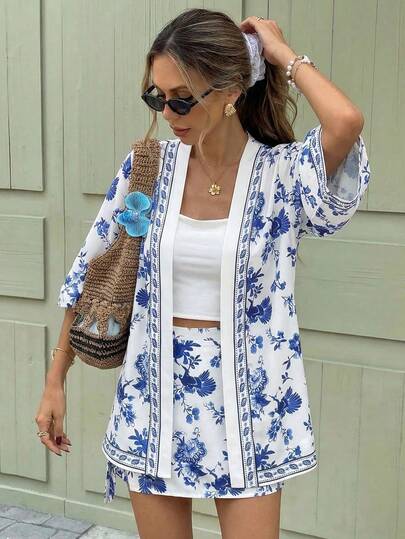 Pariaura Women's Spring And Summer New Style Elegant Romantic Resort-Style Blue And White Floral Print Two Pieces Set - Off-White Base With Blue Pattern Loose Three-Quarter Sleeve Cardigan + High-Waisted A-Line Mini Skirt, Retro Chinese Floral Pattern, Lightweight Breathable Fabric, Daily/Travel Atmosphere Outfit Set