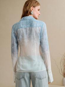 Arave 女士梭织印花水钻衬衫领插肩长袖衬衫，休闲日常穿着 - 藍白色 - 查看 4