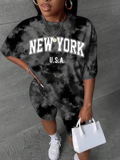 Slaydiva 返校季休闲简约纽约字母扎染图案加大码两件套，适合夏季穿着
