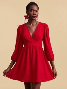 Travachic Women's Solid Red V-Neck Ruched Mini Dress,Elegant Boho Autumn Vacation Holiday Outfit,Fashionable Party,Wedding Guest,Beach,Birthday Floral Dresses - Red - View 4