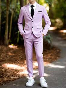 Tween Boys 2pcs Mauve Purple Formal Suit Set Elegant Woven Fabric Lapel Blazer And Pants For Homecoming Prom Wedding Events - Mauve Purple - View 2