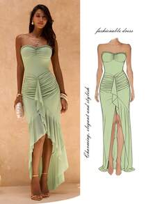 SHEIN Glamour 女士绿色网纱针织露脐抹胸连衣裙，荷叶边下摆，女士绿色性感度假派对时尚连衣裙，开衩连衣裙 - 綠色 - 查看 5