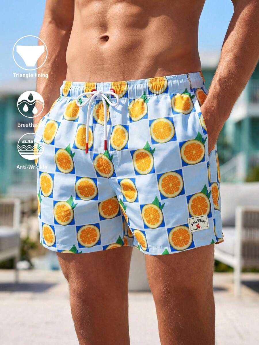 Manfinity Swimmode 男士夏季度假格子橙色印花抽绳腰宽松沙滩短裤 - 淺藍色 - 查看 1
