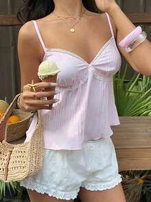 Sunnyshic Women's Pink Textured Fabric Camisole, Sweet & Sexy, Slim Fit, White Lace Trim, Casual, Suitable For Beach Vacation, Spaghetti Strap Tank Top, Ladies Blouse - White - View 6