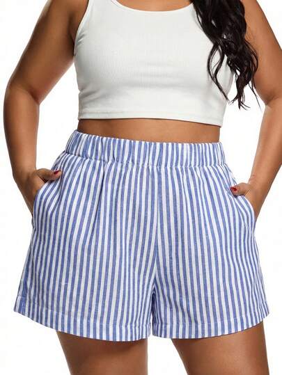 Solflare Blue Striped Casual Loose Plus Size Shorts
