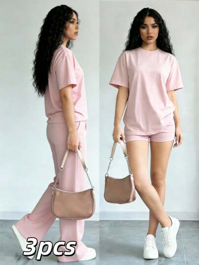 Set de 3 piezas para mujer con camiseta de manga corta de unicolor y pantalones con cordón en la cintura, estilo casual