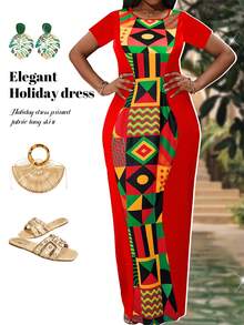 SHEIN Lady Đầm nữ cổ tròn tay ngắn ôm dáng, họa tiết hình học. - Nhiều màu - Xem 1