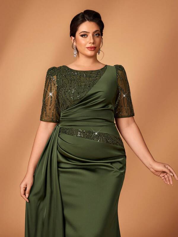 Serin Plus Size Elegant Army Green Winter Wedding Formal Dress,Luxurious Sequin Embroidered Satin Splice Round Neck Short Sleeve Pleated Fitted Mermaid Gown