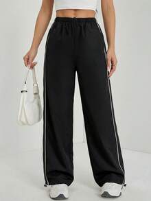 SHEIN Tall Y2K街头风百搭阔腿裤，低腰抽绳腰带撞色滚边裤 - 黑色 - 查看 1