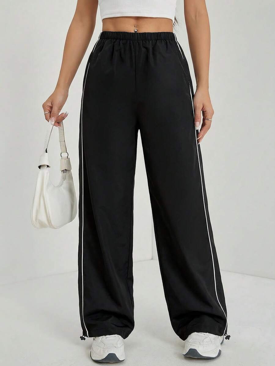 SHEIN Tall Y2K街头风百搭阔腿裤，低腰抽绳腰带撞色滚边裤 - 黑色 - 查看 1