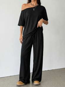 SHEIN Tall 女士夏季极简街头风基础日常穿搭外出运动舒适露肩T恤和阔腿运动裤两件套，秋季 - 黑色 - 查看 4