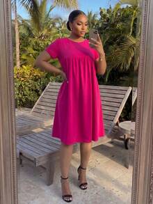 SHEIN Lady CURVE 大码纯色圆领短袖休闲连衣裙，夏季 - 玫紅色 - 查看 5