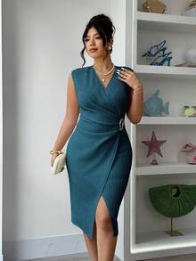 Elenzga Vestido sin mangas con pliegues, botones de metal y abertura, de tela con textura color albaricoque, vestido elegante y casual para usar en primavera/verano - Agua verde azul - Ver 3