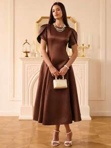 Aveloria Rosie European And American Elegant High-End Satin Material Tulip Sleeve Round Neck Asymmetric Hem Design Women Long Dress - Coffee - View 4