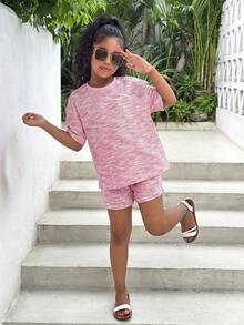 SHEIN 少女条纹圆领落肩上衣和系带短裤休闲两件套 - 粉色 - 查看 4