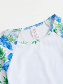 SHEIN 少女插肩袖热带植物印花上衣和短裤泳衣套装 - 粉色 - 查看 11