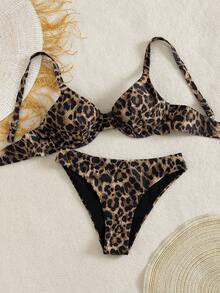 Swim DD+ 新款女士优雅加大码性感沙滩豹纹比基尼套装 - 钢圈聚拢全包臀上衣和高腰性感泳裤 - 柔软顺滑弹力透气速干面料 - 贴合曲线，提供支撑，尽显夏日度假风情 - 是夏季海滩度假、泳池派对、音乐节、婚礼、春季假期、度假休闲、热带之旅的完美泳装之选 - 棕色 - 查看 6