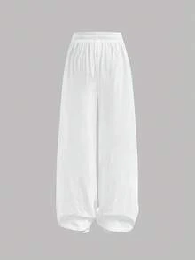 SHEIN 少女日常休闲基本款纯棉白裤，弹性腰带，阔腿裤，返校季棉质阔腿裤，亚麻阔腿裤，宽松夏季裤 - 白色 - 查看 2