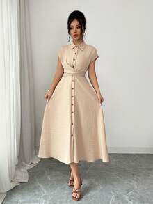 Elenzga 女士春夏优雅休闲卡其色蝴蝶结腰带修身单排扣立领短袖衬衫裙 - 卡其色 - 查看 5