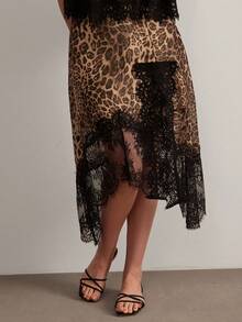 Freevana 大码女式豹纹蕾丝吊带上衣和高开衩裙两件套，时尚约会装扮 - 咖啡棕 - 查看 8