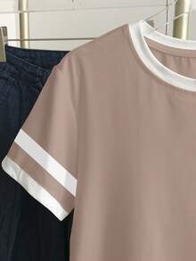 SHEIN Áo thun ngắn tay cổ tròn phối màu dành cho nữ cỡ lớn - Màu Khaki - Xem 4