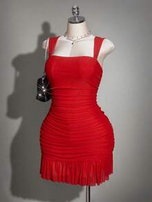 SHEIN ICON Vestido rojo de malla para mujer de talla grande - Rojo - Ver 5