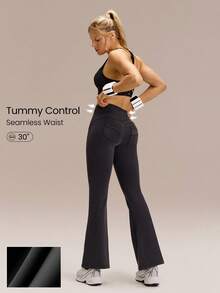 GLOWMODE 莫代尔罗纹镂空亮面无缝腰后口袋喇叭紧身裤，中等强度，适合健身房锻炼、日常休闲穿着 - 黑色 - 查看 1